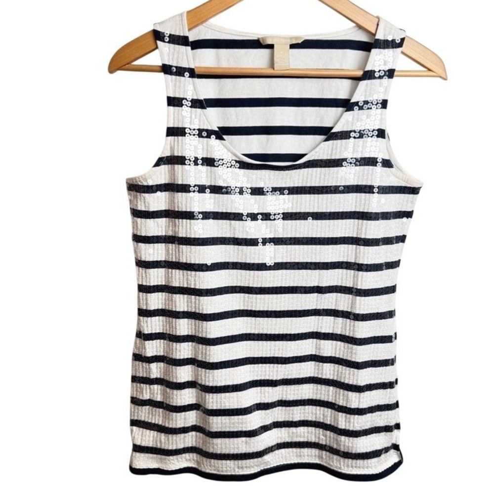Banana Republic Sequin Striped‎ Tank Womens S Navy White Nautical GlamClassic